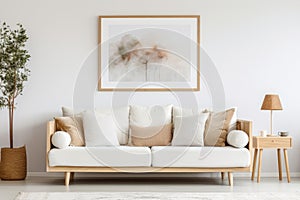 Modern interior design, Mockup poster frame on the wall of living room.AI generative