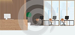 Modern interior design office. Workspace with large windows with an industrial view. Vector flat illustration.