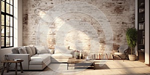 Modern interior design with old white brick wall. Cozy living room