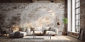 Modern interior design with old white brick wall. Cozy living room