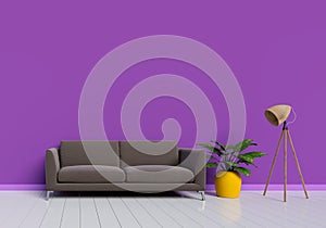 Modern interior design of purple living room with brown sofa and yellow plant pot on white glossy wooden floor. Lamp element. Home