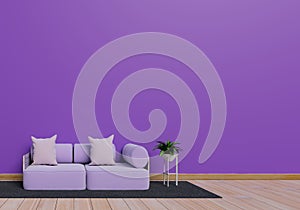 Modern interior design of purple living room with sofa and plant pot on brown glossy wooden floor. Grey mat element. Home and