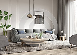 Modern interior design of scandinavian apartment, living room with gray sofa and wooden coffee table. Home interior with window.