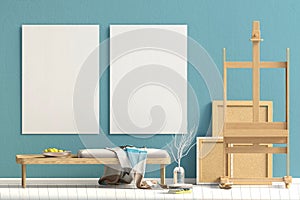 Modern interior design in Scandinavian style with bench and canvas. Mock up poster. 3D illustration.
