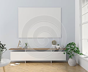 Modern interior design in Scandinavian style with credenza. Mock