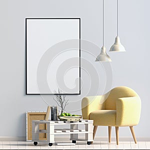 Modern interior design in Scandinavian style. Mock up poster. 3D illustration.