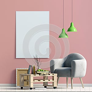 Modern interior design in Scandinavian style. Mock up poster. 3D illustration.