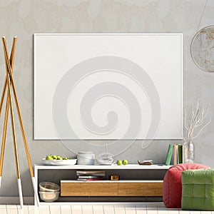 Modern interior design in Scandinavian style. Mock up poster. 3D illustration.