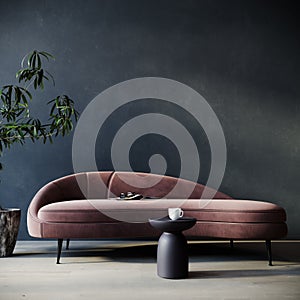 Modern interior design with sofa and empty dark blue wall background