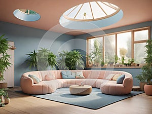 modern interior design with a sofa, a large window