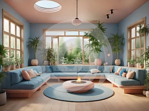 modern interior design with a sofa, a large window