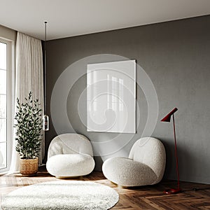 Modern interior design with two armchairs and empty white picture frame