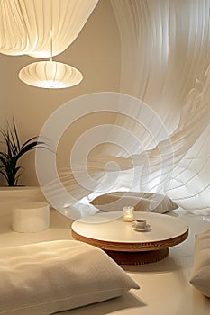 Modern interior design with white draped curtains, hanging lamp, round wooden coffee table, pillows, and decorative
