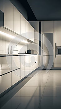 Modern interior design of white modern kitchen in loft style, generative AI.