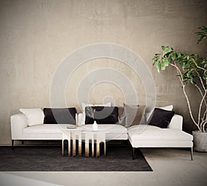 Modern interior design with white sofa and empty concrete wall background.