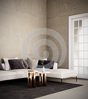 Modern interior design with white sofa and empty concrete wall background.