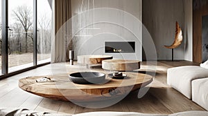 modern interior design, the wooden coffee table adds functionality and style to the minimalist modern interior, acting photo