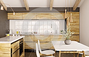 Modern interior design of wooden kitchen with island 3d rendering