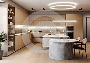 Modern interior design of wooden minimalist kitchen with island, round stone dining table and chairs. Created with generative AI