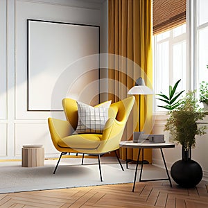 Modern interior design yellow armchair sofa in living room with and mock up poster frame