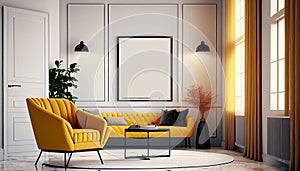 Modern interior design yellow armchair sofa in living room with and mock up poster frame