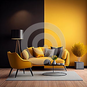 Modern interior design yellow armchair sofa in living room with and mock up poster frame