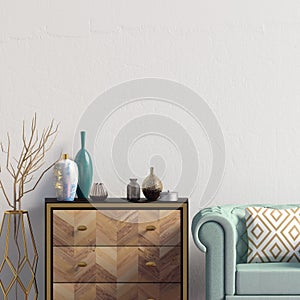 Modern interior with dresser and chair. Wall mock up. 3d illustration.