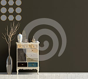 Modern interior with dresser. Wall mock up.