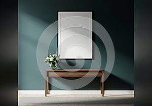 Modern Interior with Empty Frame, Console Table, Flowers, Teal Wall