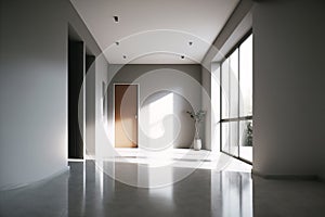 The modern interior of an empty living room with large window