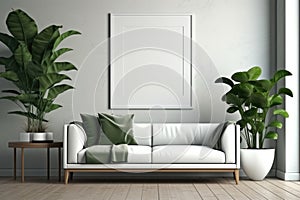 Modern interior with empty picture frame on wall with couch and green plant, Empty Frame in Living Room