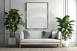 Modern interior with empty picture frame on wall with couch and green plant, Empty Frame in Living Room