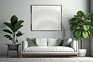 Modern interior with empty picture frame on wall with couch and green plant, Empty Frame in Living Room