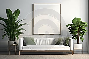 Modern interior with empty picture frame on wall with couch and green plant, Empty Frame in Living Room