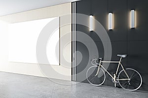 Modern interior with empty white mock up poster on wall, bike and lamps. Design and loft decor concept