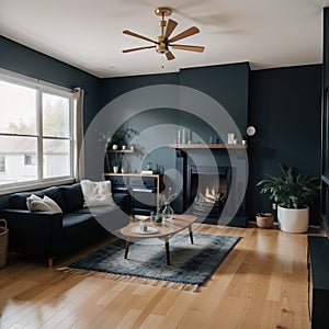 Modern interior with fireplace spacious living room with dark blue walls and wooden floor A real photo of the interior