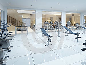 Modern interior fitness gym in the Spa complex.