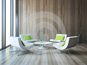 Modern interior with four armchairs and coffe table 3d rendering photo