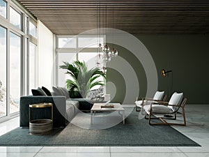 Modern interior with green sofa and two white armchairs. Luxury home living room design.
