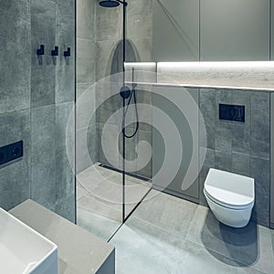 Modern interior in grey tones of bathroom in luxury apartment