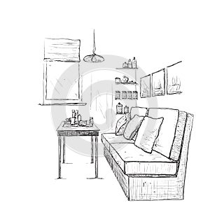 Modern interior hand drawing vector.