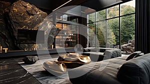Modern interior. A high-standard room made of stone and glass with elegant furniture. Ai generative