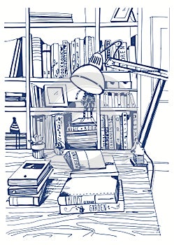 Modern interior home library, bookshelves, hand drawn sketch illustration.