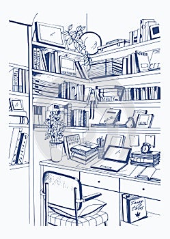 Modern interior home library, bookshelves, workplace hand drawn sketch illustration.