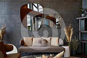 Modern interior with irregularly shaped mirrors