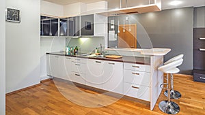 Modern interior of kitchen in luxury apartment.