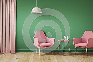 Modern interior with large empty green wall and two pink chairs.