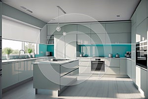 Modern interior of a large kitchen with modular furniture in white color