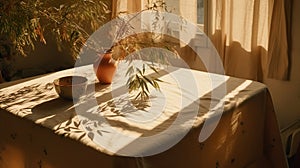 Modern interior lifestyle Mediterranean in summer scene, plant with bowl on table