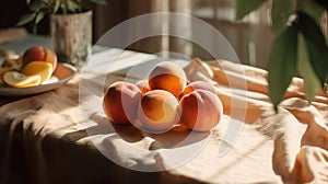 Modern interior lifestyle Mediterranean in summer scene, plant with peaches on table